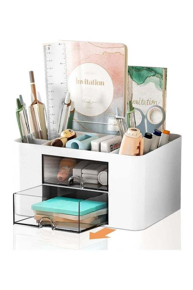 Desk Organizer, Desk Organizer with 5 Compartments & 2 Drawer, Multi-function Pen Pencil Holder Sto