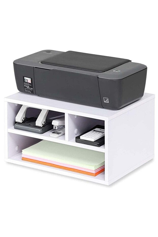 Printer Stand with 3 Storage – White Desktop Paper Organizer for Office & Home