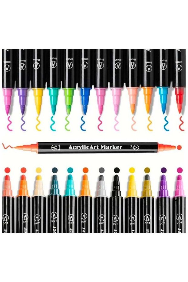 12-Piece Dual Tip Acrylic Paint Marker, Premium Non-toxic Acrylic Paint Pens With Dot and Brush End
