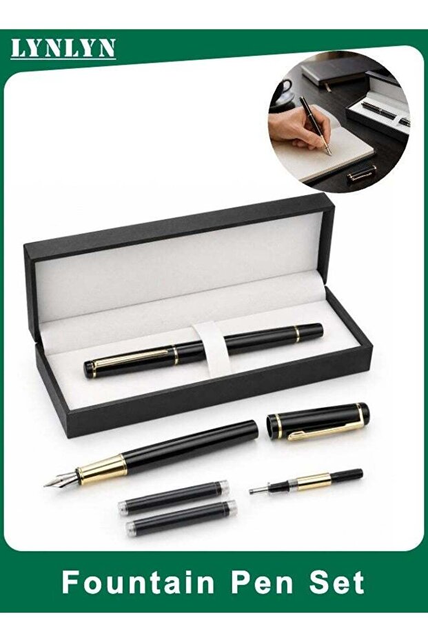 Fountain Pen Set, Black Gold Writing Pen with Gift Box and Ink Cartridges, Elegant Pen for Office,