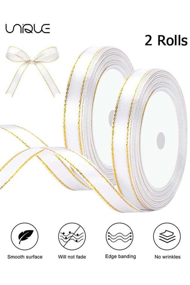 2 Rolls White Ribbon with Gold Edge - 10mm x 22M Satin Ribbon for Gift Wrapping, Crafts, Hair Bows