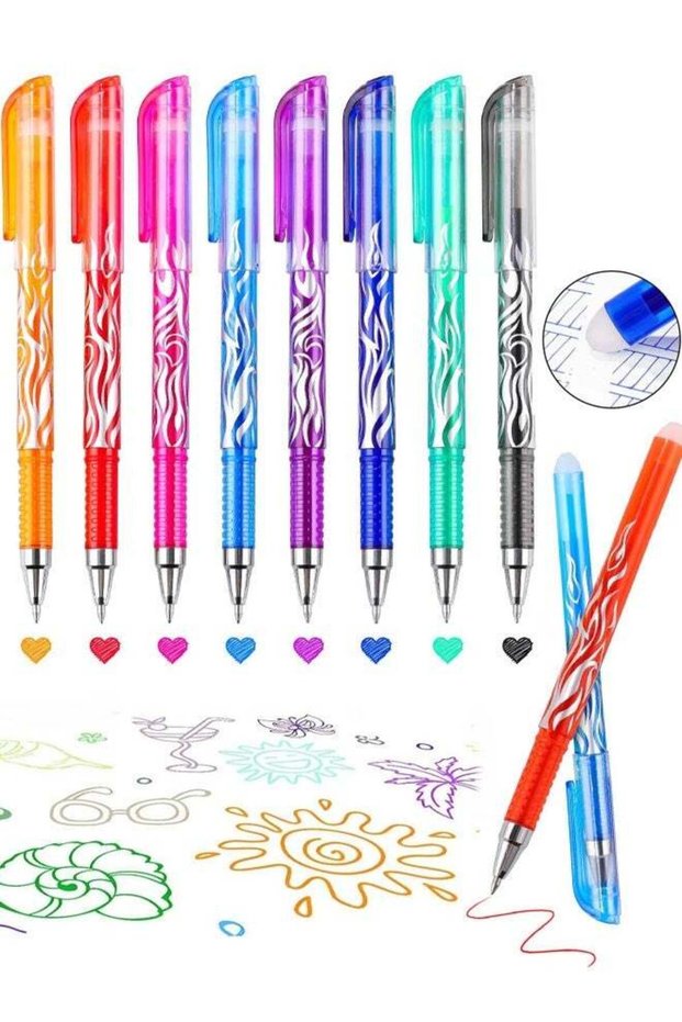 8 Pack Colored Erasable Gel Pens,0.5mm Fine Point with Eraser,Flame Pattern Barrel,Erasable Pen Set