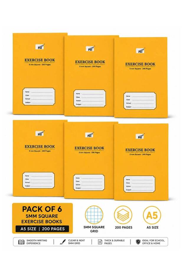 6-Piece A5 Size 5mm Square Lined Exercise Notebook 200 Sheets
