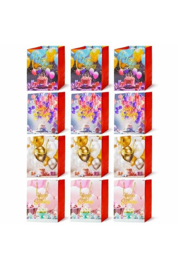 UKR 12-Pack Medium 32x12 cm Happy Birthday Gift Bags with Handles – Colorful Party Favor Bags for B