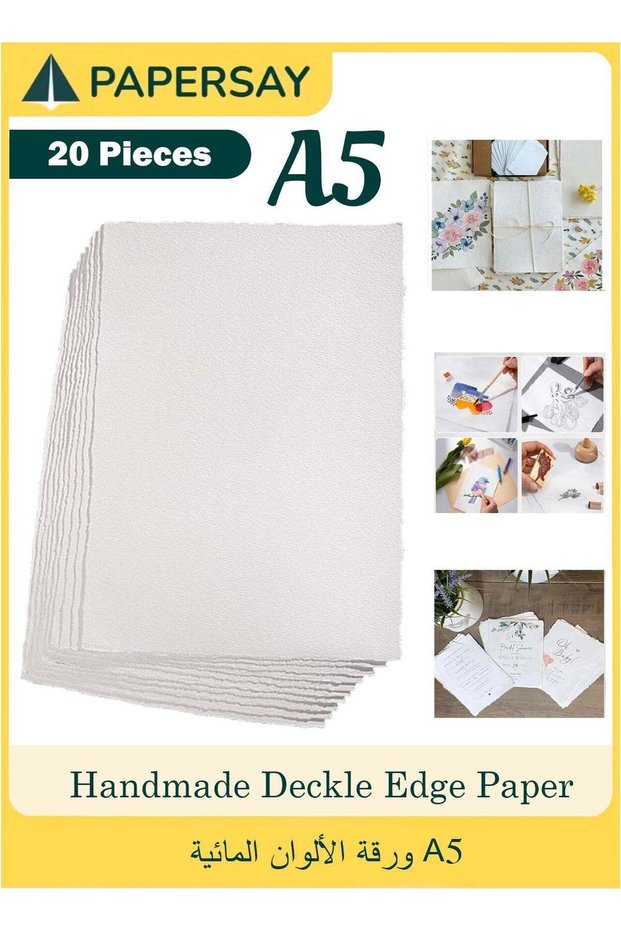 20 Pieces Handmade Deckle Edge Paper,Watercolor Paper A5 Size, 300 GSM White Color 100% Cotton Ecol