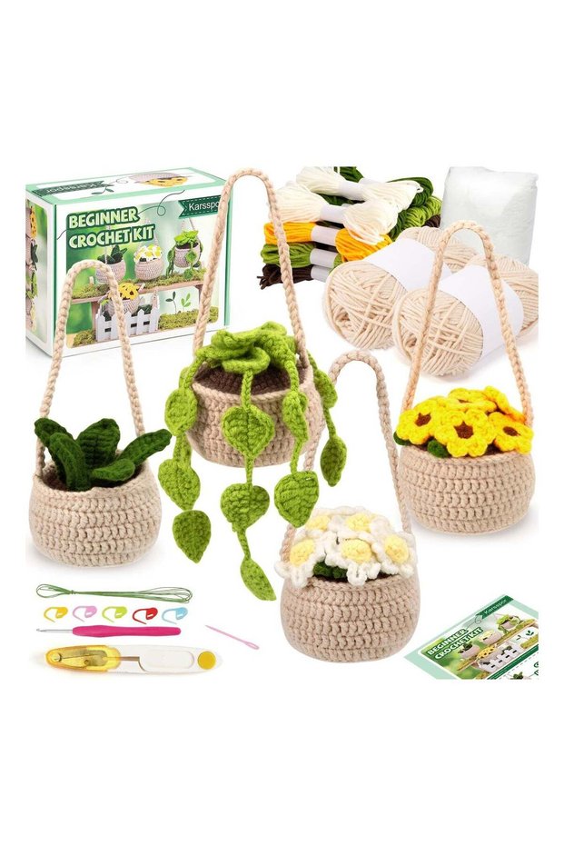 4PCS Beginner Crochet Kit for Hanging Plants, Crochet Potted Plant Kit Adult Crochet Kit with Easy