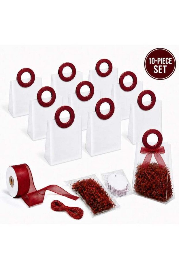 KeyAmor 10-Piece Transparent Matte Red Gift Bags Set With Round Red Leather Handles 14 x 7 x 16 cm