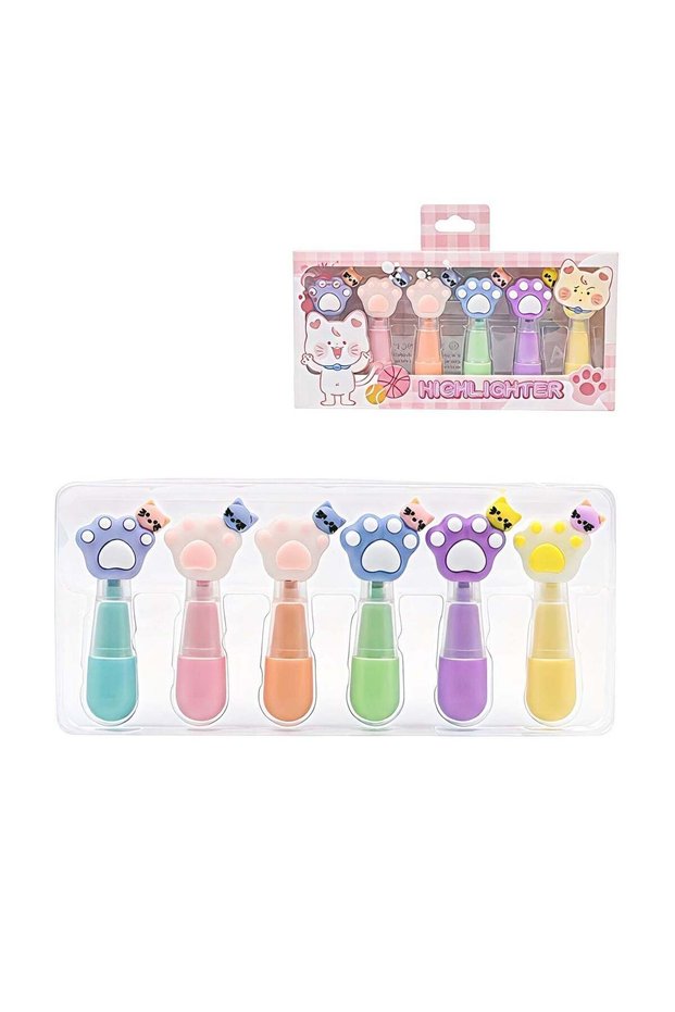 6-Piece Cute Cat Paw Mini Highlighter Set - Pastel Colors, Aesthetic Chisel Tip Markers for School,