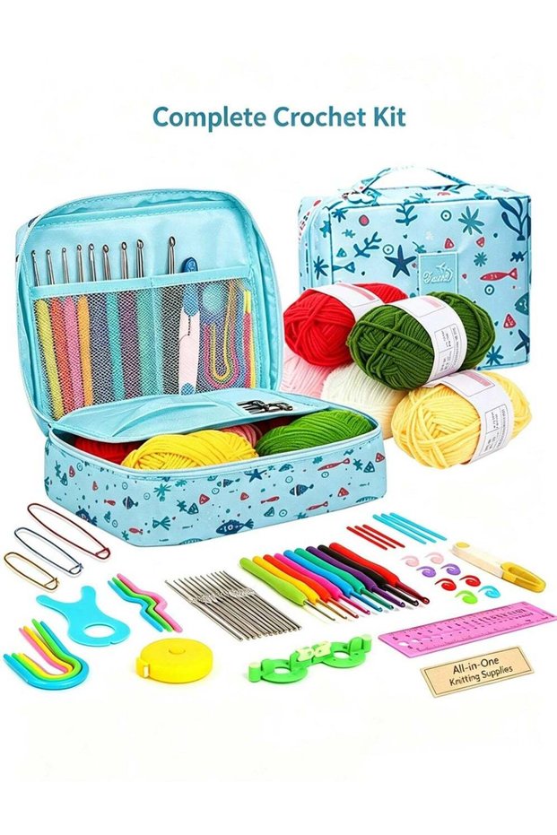 Crochet Kit for Beginners & Adults – DIY Starter Set with Ergonomic Hooks, Soft Yarn Balls & Portab