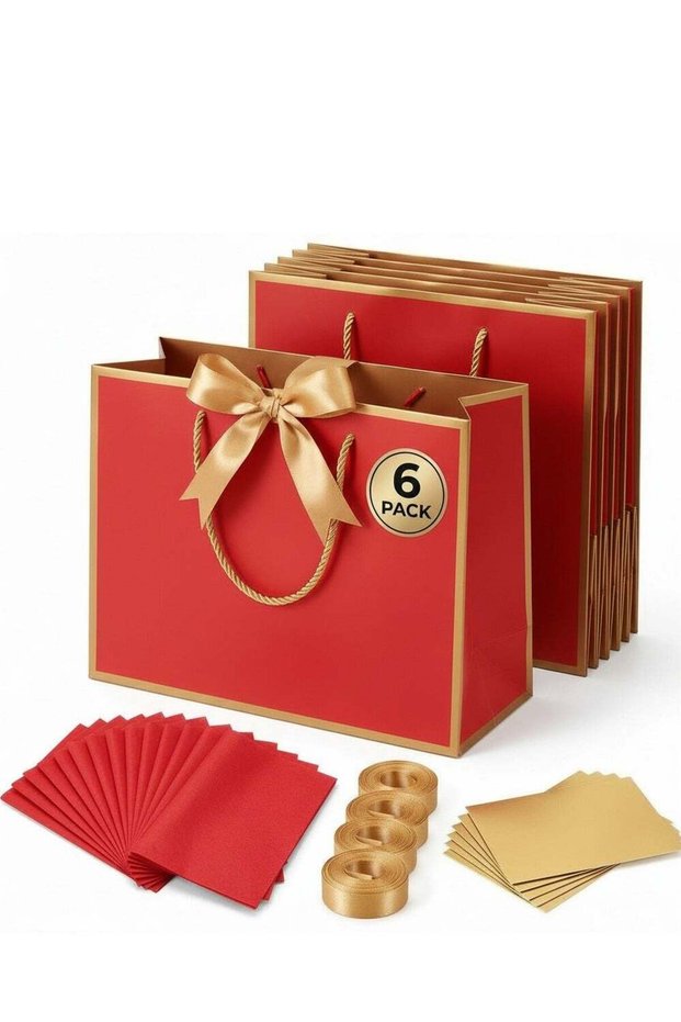 6-Pack Luxury Small/Medium Red Gift Bags with Gold Trim (28×10×20 cm) – Includes 6 Gold Ribbons, 6