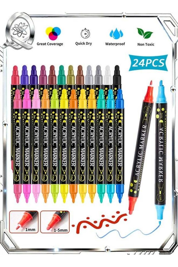 24 Pcs Dual Tip MultiFunction Paint Pens Markers, Quick-Drying and Waterproof Acrylic Markers Pens