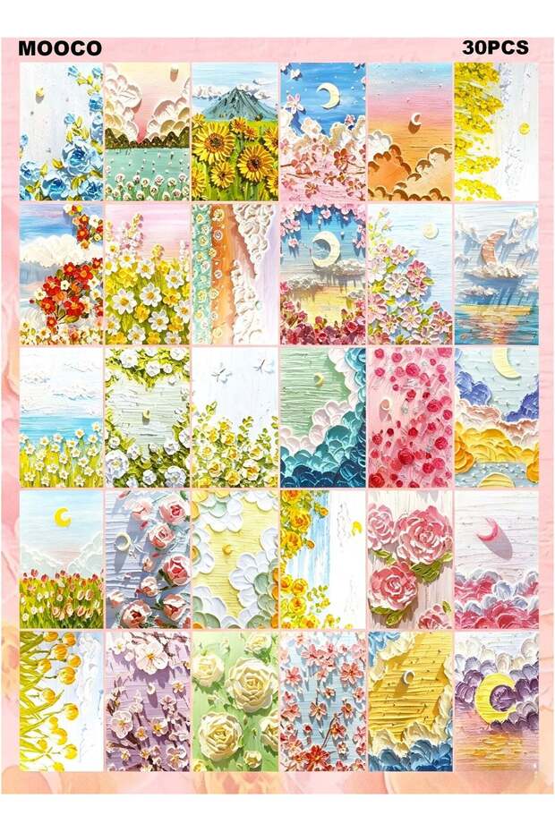 30PCS (14.4*9.8CM) Oil Painting Flower Pattern Thank You Card,3D Stereoscopic Oil Painting Effect,B