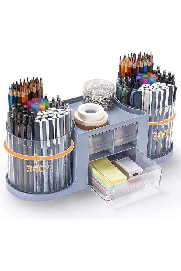 Rotating Desk Organizer with 2 Pen Holder, Desk Organizers and Accessories with 10 Slots Pencil Hol