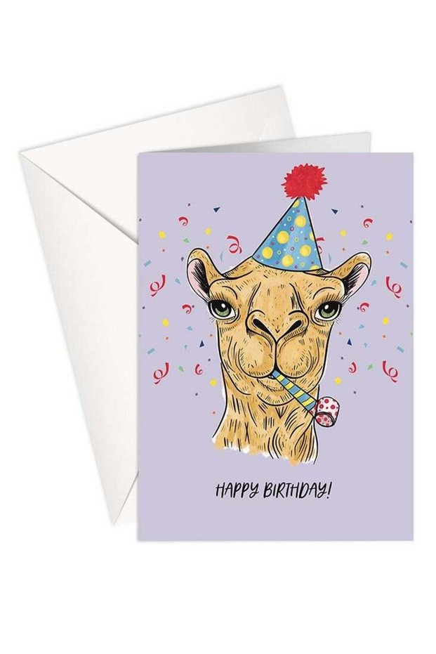 Happy Birthday Camel Greeting Card – Fun Lilac Party Theme, Cute & Colorful Birthday Card for Kids,