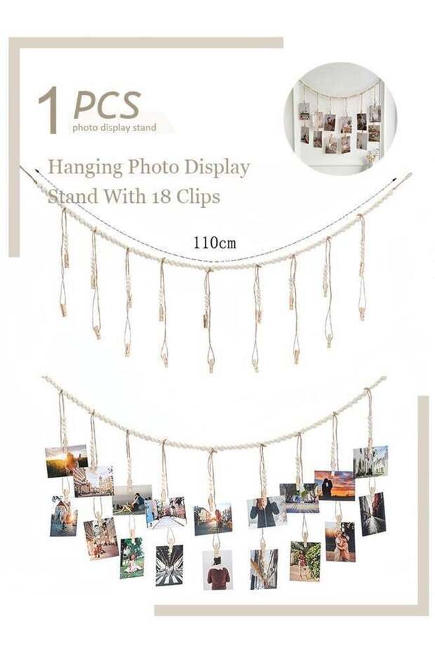 Hanging photo display with 18 clips, wooden bead garland, bohemian style collage photo frame decora