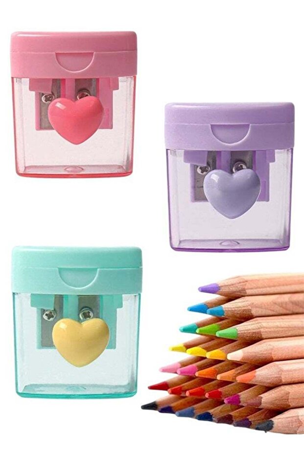 1 Pack 3 Pcs Green, Purple & Pink Heart Shaped Dual Holes Pencil Sharpener with Lid, Handheld Small