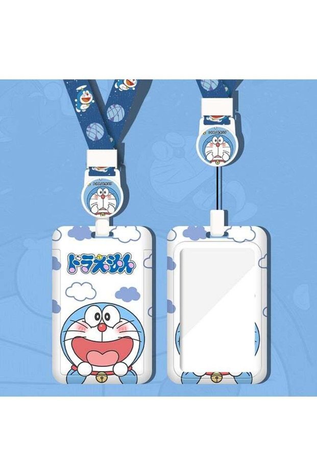 Doraemon Cloud Theme Retractable Lanyard with ID Card Holder - Cute Cartoon Badge Reel for Students