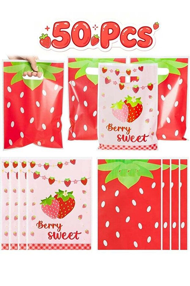 50 Pcs Cute Strawberry Theme Gift Bags - Double‑Sided Printed Berry Sweet Goodie Bags - Portable Fr
