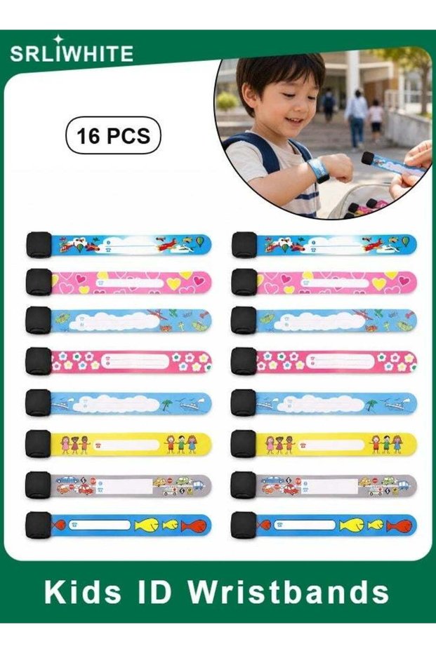 16 PCS Kids ID Wristbands, PVC Waterproof Cartoon Wristbands, Writable Name and Phone Bracelets wit