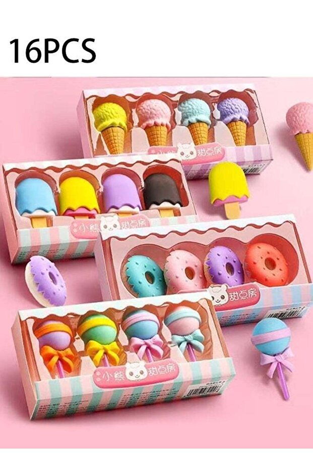16-Piece Set of 3D Cute Mini Ice Cream Donut Take Apart Erasers - Fun and Cool Puzzle Desk Pet Eras