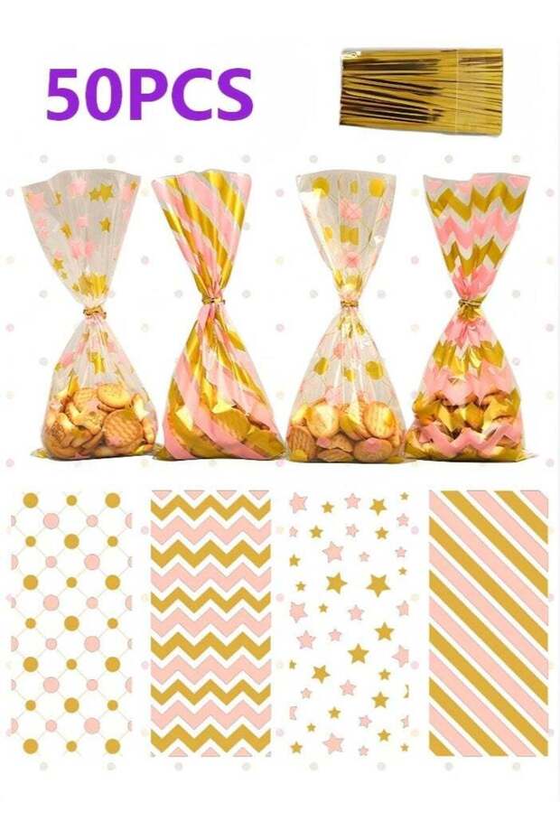 50Pcs Cellophane Treat Bags,5x11 Inch Clear Plastic Candy Gift Bags with Twist Ties,Stripes Polka D
