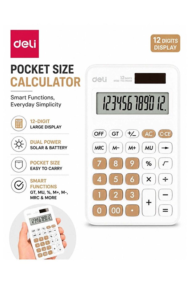 1-Piece Pocket Size Portable Calculator With 12 Digit Display White
