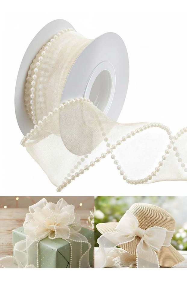 1.5 Inch Wire Edged Faux Pearl Cream White Sheer Mesh Ribbon 5 Yard For Gift Wrapping Wedding Bouqu