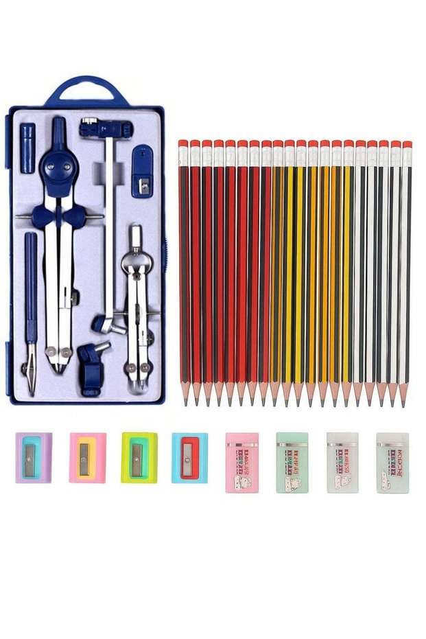 39 Pcs Stationery Geometry & Drawing Bundle – 7 Pcs Compass Set, 24 Graphite Pencils, 4 Sharpeners