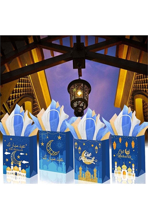 12 Pcs Eid Mubarak Party Favor Gift Bag with Tissue Paper Eid Candy Bags with Handle Mubarak Goodie