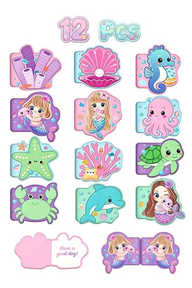 12 Pcs Die-Cut Mermaid Ocean Animal Shaped Mini Notepads - Assorted Die Cut Ocean Animal Mini Noteb