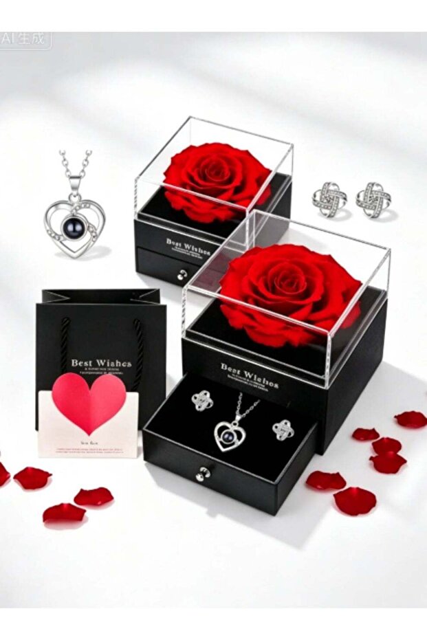 Rose Jewelry Box with Necklace & Earrings – Luxury 2-in-1 Gift Set for Mother‘s Day, Valentine’s Da