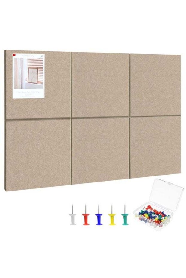 6 Packs Large Bulletin Board 30x30cm, Felt Wall Tiles with 35 Colored Push Pins, Bulletin Board wit