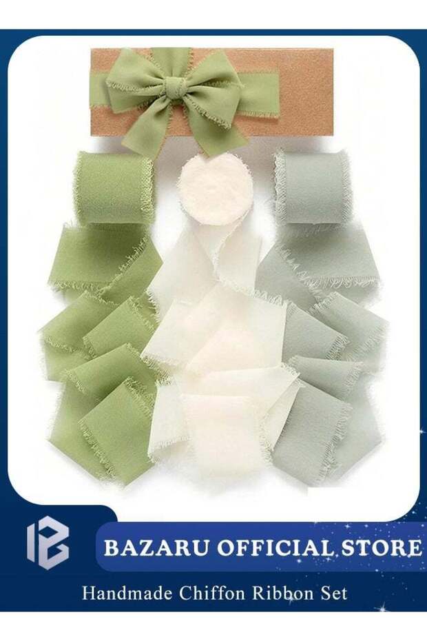 3 Rolls Handmade Chiffon Ribbon Set – 1.5 Inch x 21 Yards Green & Cream Fringe Silk Ribbon for Wedd