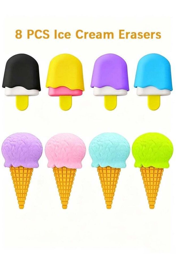 8 PCS Ice Cream Erasers, Cute Fun Food Shapes Erasers, Creative Dessert Cartoon Eraser for School C