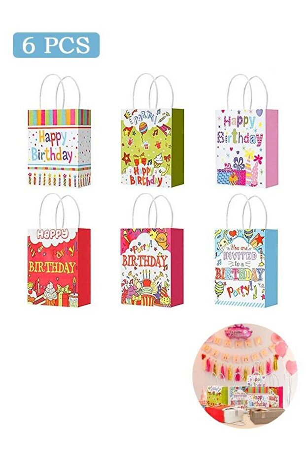 6 Pcs Birthday Gift Bag, Paper Tote Candy Bags, Birthday Party Supplies Decorations