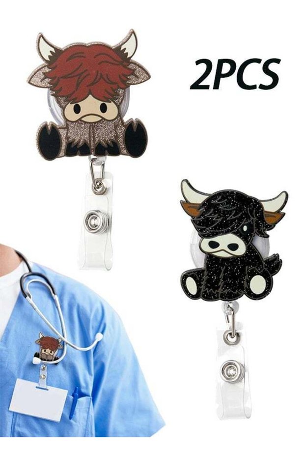 2 Pcs Cute Highland Cow Retractable Badge Reels, Polyester Lanyard with ID Card Holder, for Hospita