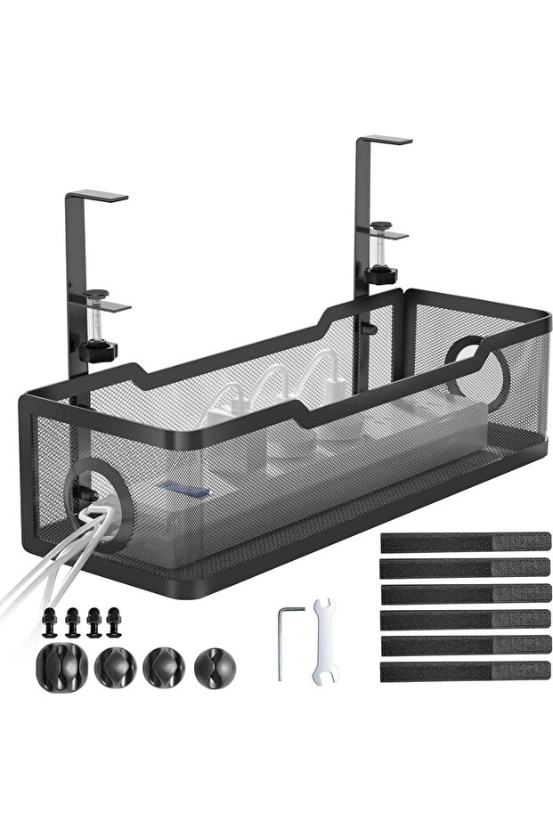 Under Desk Cable Management Tray Black, Cable Management Under Desk No Drill, Cable Tray with Clamp