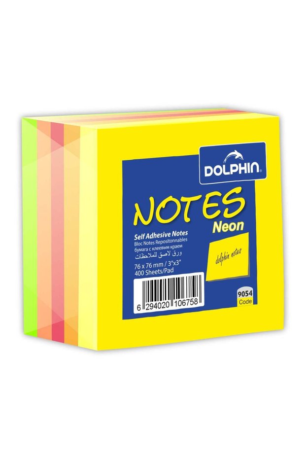 Dolphin Sticky Notes 3 × 3 Inch, 400 Sheets, Multi-Colour Neon, Easy Peel & Stick for Office, Schoo