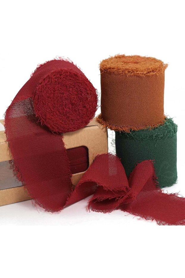 Handmade Fringe Chiffon Ribbon 3 Rolls, 4cm x 5m Brown, Dark Green, Red Ribbons for Crafting, Weddi