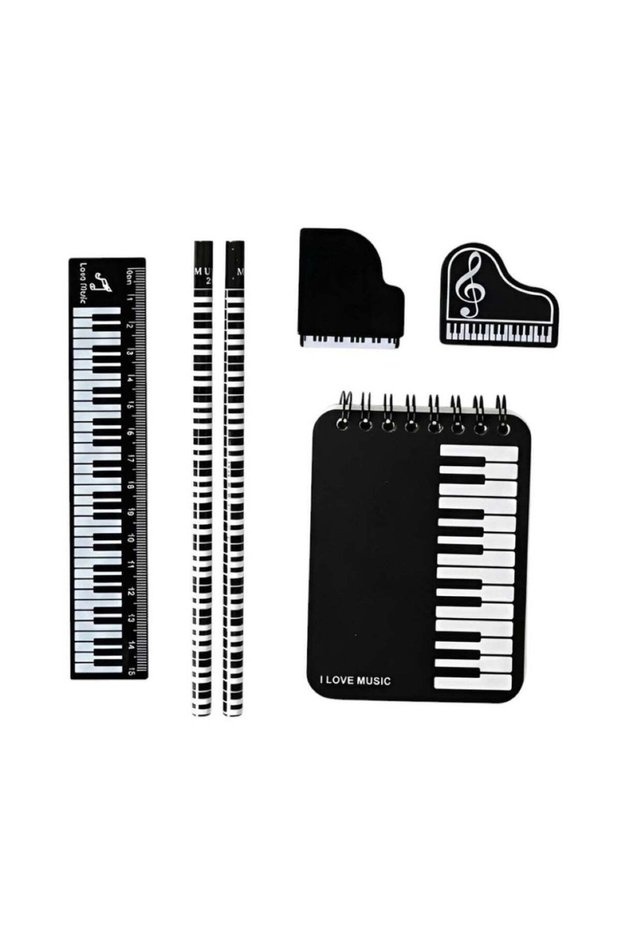 6-Piece Piano Theme Stationery Set - Black & White Musical Design - Includes Notebook, Ruler, Penci