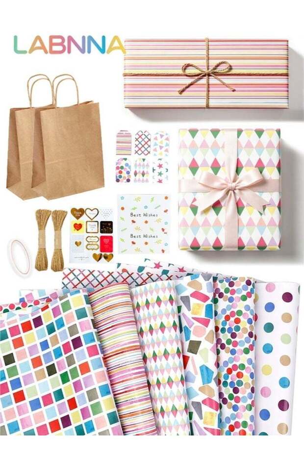 15 pcs Gift Wrapping Paper Set,All-in-One Gift Packaging Kit with 6 Sheets 70×50cm Kraft Wrapping P