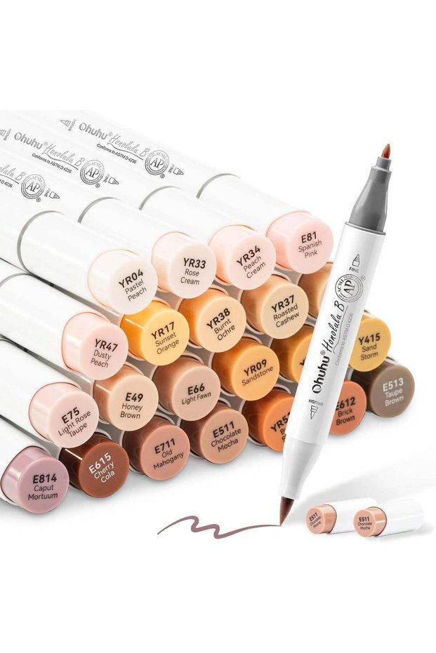 Ohuhu Skin Tone Alcohol Markers Brush Tip - 24 Portrait Color Marker Set for Artists