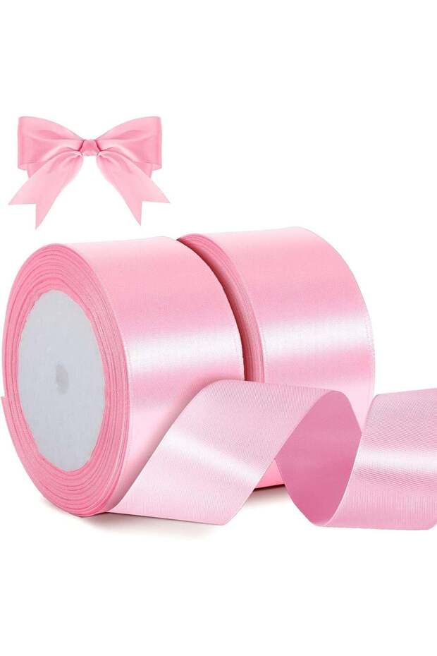 2 Rolls Solid Pink Satin Ribbon, 1-1/2 Inch x 25 Yards, Thick Ribbon for Gift Wrapping, Flower Bouq