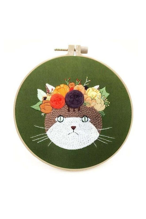 Embroidery Kit for Beginners Adults and Kids, Animal-White Cat Embroidery Kit Cross Stitch Kits for
