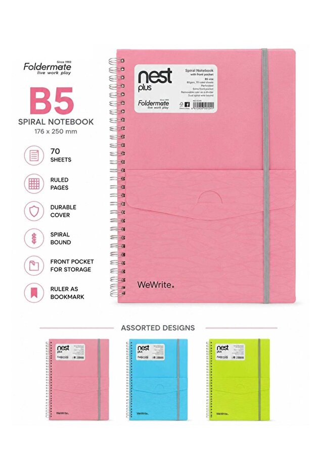 1-Piece B5 Size Spiral Lined Notebook with Divider & Pocket Assorted Colours
