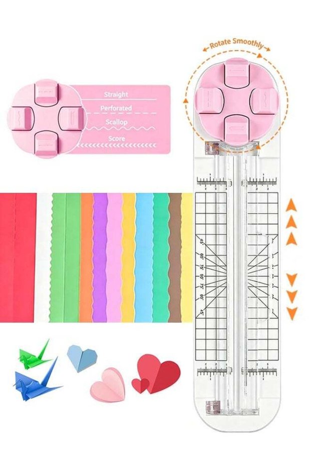 Pink Paper Cutter 4-in-1 Paper Trimmer Multi-Function Scrapbooking Tool with Straight, Wave, Perfor