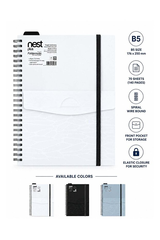 1-Piece Nest Plus Spiral Lined Notebook B5 Size With Front Pocket Assorted Colours