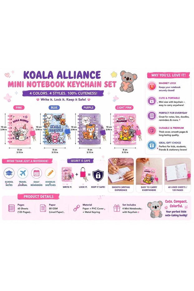 Cat Day Secret Diary Notebook Set – 4 Cute Lock Mini Notebooks with Keys, Colorful Cat Designs for