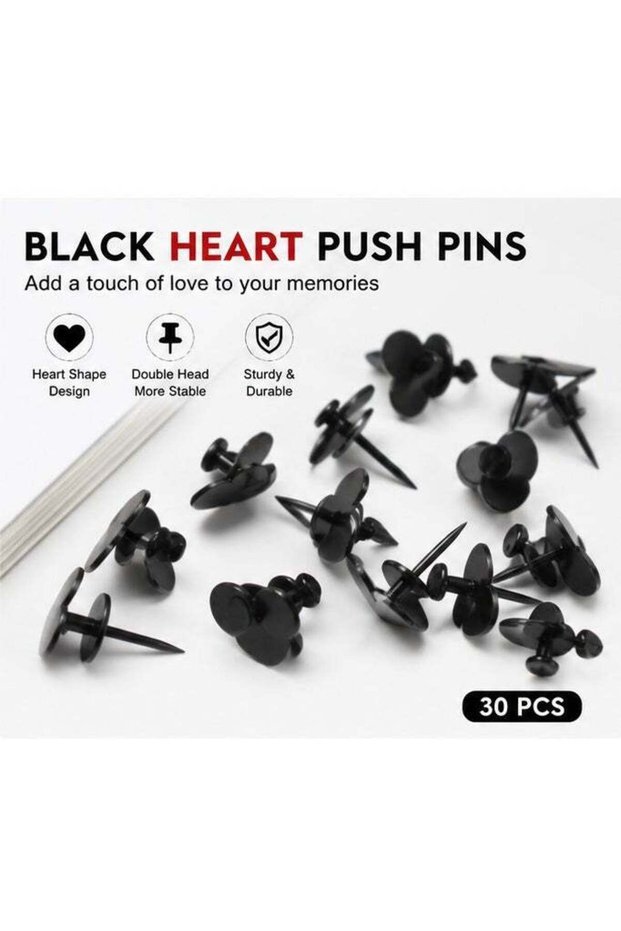 30PCS Black Heart Push Pins Double Head Hook Thumb Tacks for Cork Board Photo Wall Office and Home
