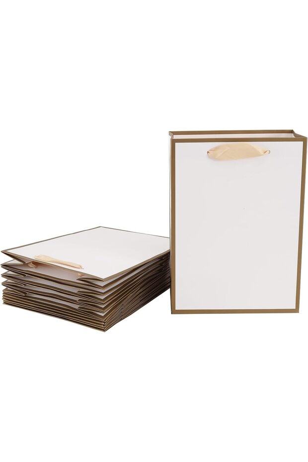 Red Dot Gift® 10 Pack White with Gold Border Gift Bags - L25xH32x13cm